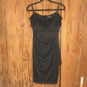 DJ Jaz Cocktail Party Dress Women 8 Black Rouch Faux Wrap Waist Drape Spaghetti